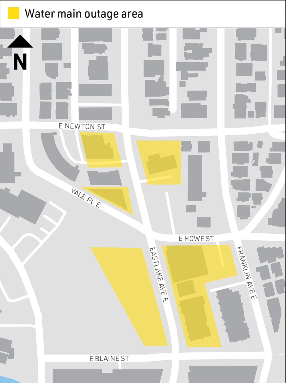 The properties highlighted in yellow will experience a water outage during the night on Wednesday, July 2.  