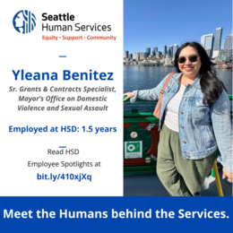 Social media graphic with photo of Yleana Benitez, the Seattle Human Services logo, and a link to view Employee Spotlights at bit.ly/410xjXq