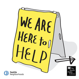 Illustration of a yellow sandwich board with text that reads: "We are here to help"