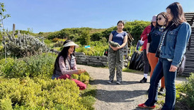 A person kneeling in a garden showing plants to a group 