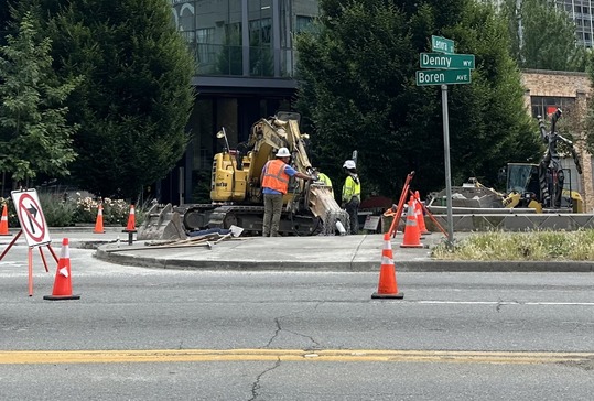Image showing construction crews working at the corner of Denny Way and Lenora St