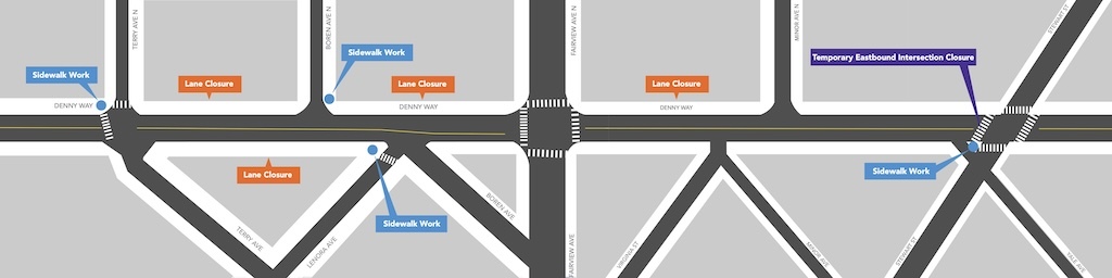 Map detailing upcoming construction including lane closures and sidewalk work for the Denny Way Paving Project