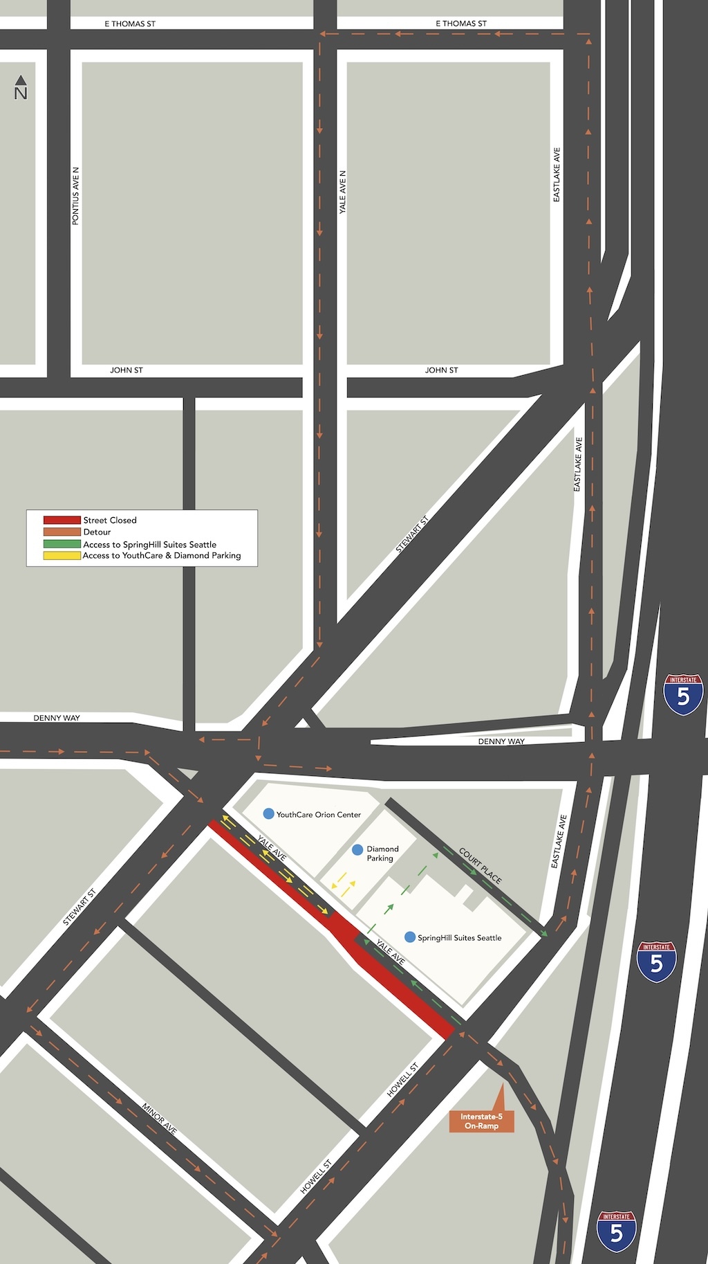 Map detailing detours during closure of Yale Ave between Stewart St and Howell St