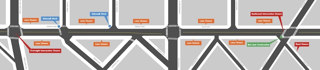 Map detailing upcoming work on Denny Way including sidewalk work, lane closures and detours