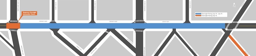 Map detailing upcoming grinding work on Denny Way July 14, 15 and 16
