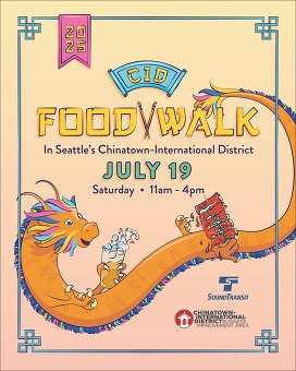 C-ID July food walk promo with a dragon holding a drink and a meat skewer