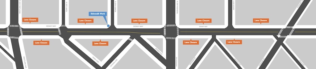 Map detailing upcoming lane closures and sidewalk work on Denny Way