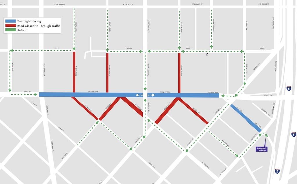 Map detailing upcoming paving work and intersection closures on Denny Way and Yale Ave