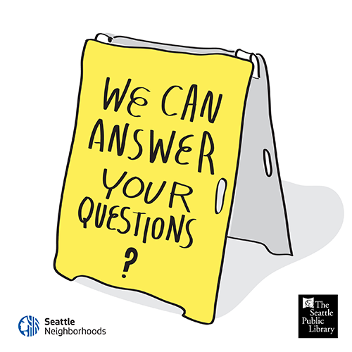 Illustration of a yellow sandwich board that says "We can answer your questions."