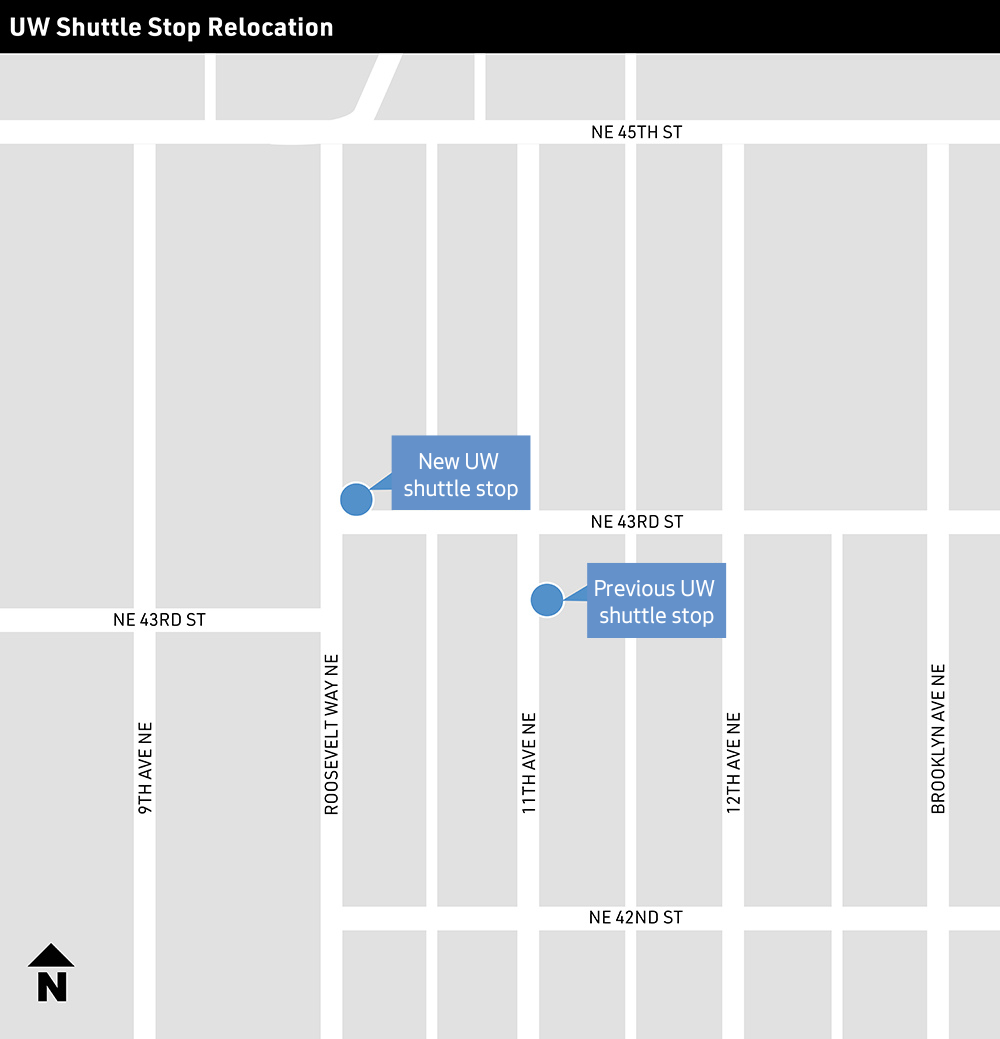University of Washington shuttle stop on Roosevelt Way NE and NE 43rd St.