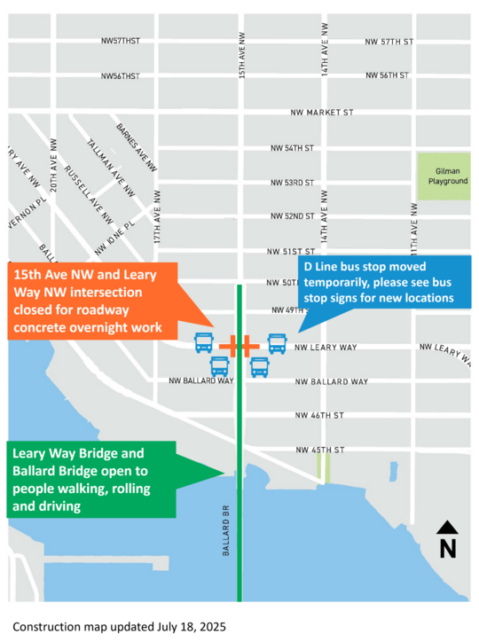 15th Ave WNW Leary Way intersection closure map