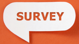 Orange background with a white conversation bubble that says "Survey" in orange font