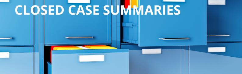 A header that includes a background of colorful, light blue filing cabinets. The header says "Closed case summaries" in white, bold font.