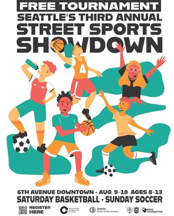 Promo poster for Seattle Street Sports Showdown with illustrations of children playing soccer and basketball