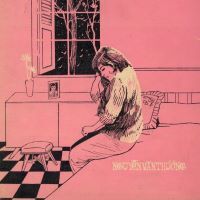 Pink album art illustration of a woman sitting on a bed