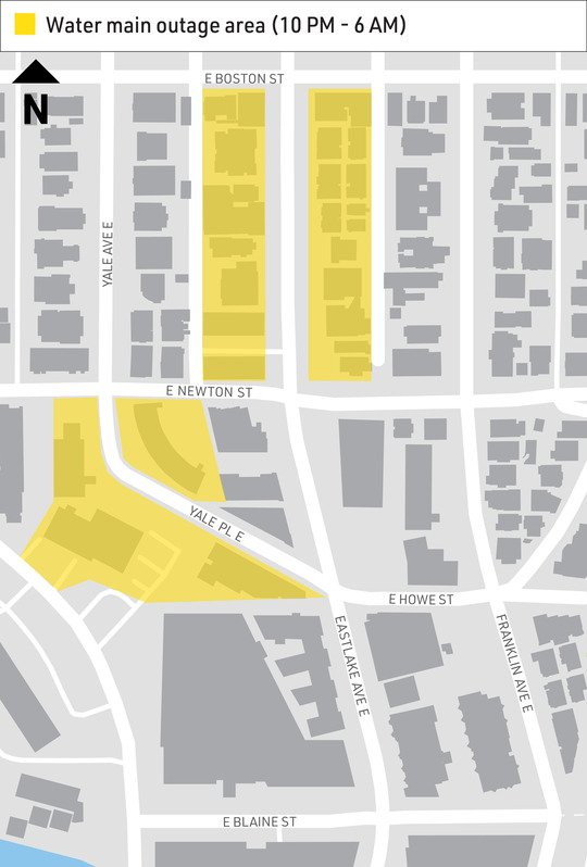The properties highlighted in yellow will experience water outages on the night of August 8.