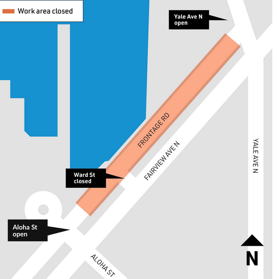 The frontage road is closed between Aloha St and Yale Ave N during daytime working hours.