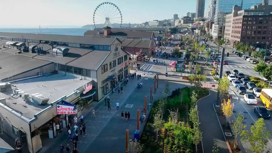 Aerial street view of the Seattle Waterfront