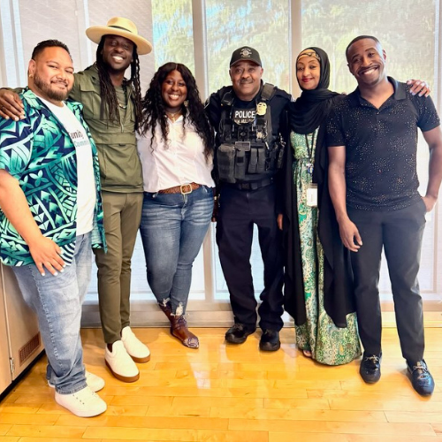 CPC staff Mario, Eci, and Mergitu with Commissioners Nsimbi and Mullens at the Mayor’s Safer Seattle Community Forum