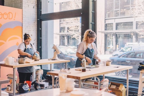 Two individuals baking in a commercial kitchen