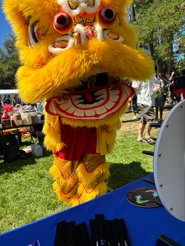 Traditional dragon dancer, dressed in yellow, dancing by the OPA table at the festival.