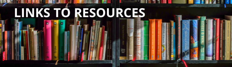 Bookshelves in the background with colorful bindings of bright pink, yellow, blue and green. The header says Links to Resources in bold, white font.