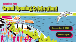 An illustration of people enjoying Overlook Walk with text that reads “Waterfront Park Grand Opening Celebration”