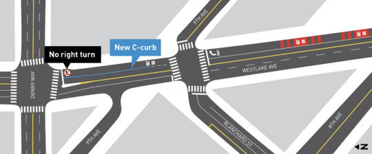 Map detailing upcoming turn restriction work on Denny Way and Westlake Ave 