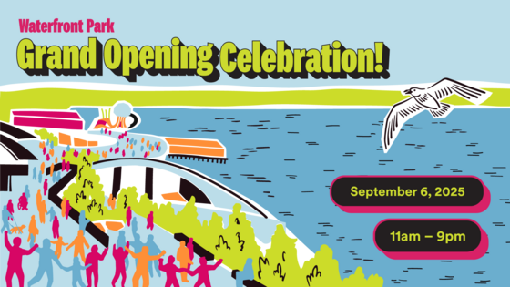 An illustration of people enjoying Overlook Walk with text that reads “Waterfront Park Grand Opening Celebration"