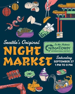 C-ID Night Market poster with food illustrations of boba, noodles, kebobs, dumplings, and more