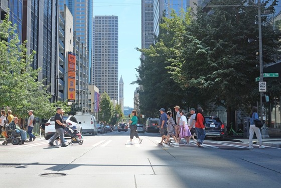People crossing the street in Downtown Seattle