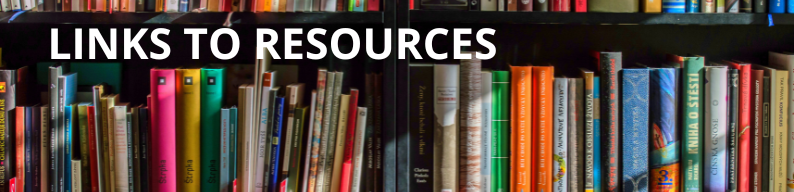 Bookshelf full of colorful books with a header above it in bold white font that says links to resources