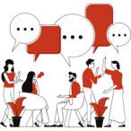 Graphic of group of five people talking with speech bubbles