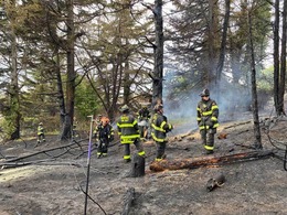Firefighters extinguish a brushfire that extended to four homes
