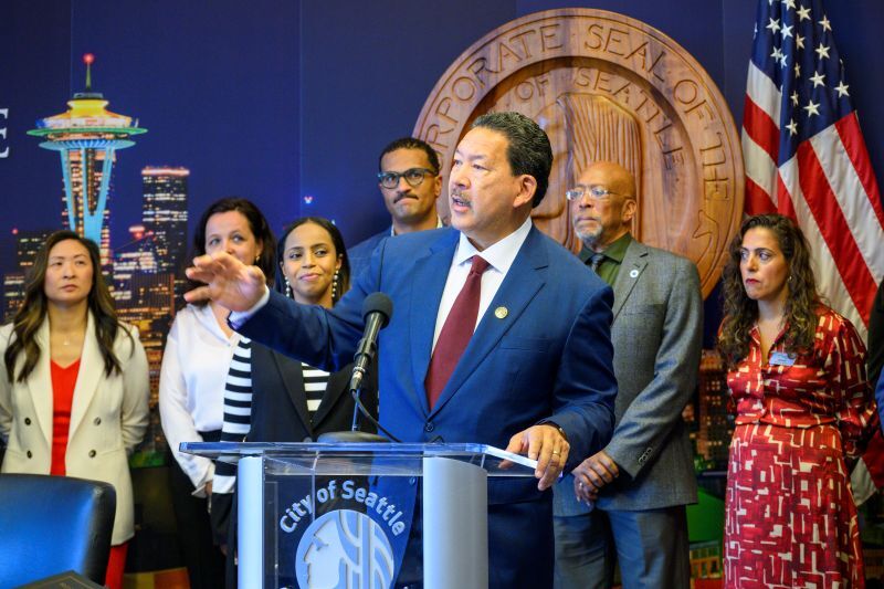 Mayor Harrell speaks at a press conference