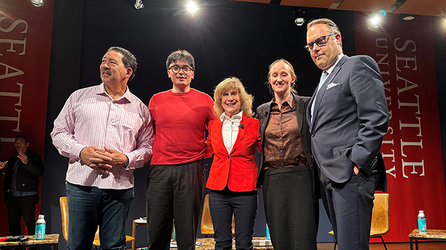 Mayoral candidates Bruce Harrell and Katie Wilson during a Seattle University debate