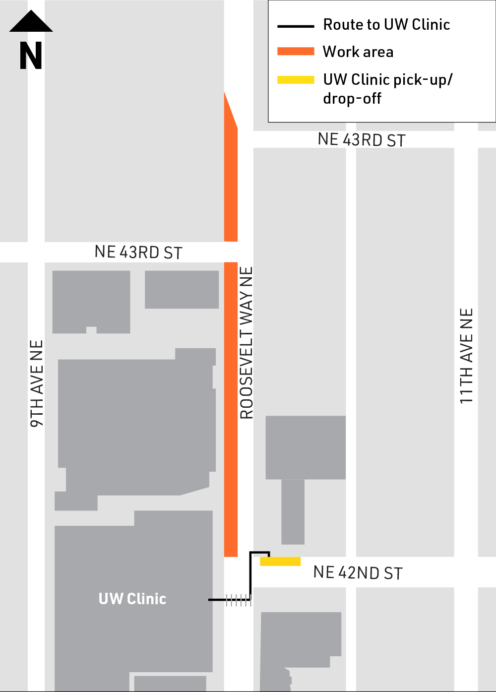 A map of the UW Clinic’s temporary shuttle bus pick-up and drop-off area on the north side of NE 42nd St and work area on Roosevelt Way NE.