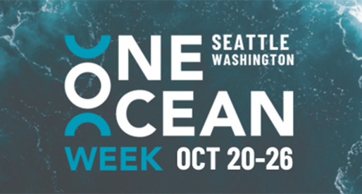 Promotional graphic with an ocean in the background with text that reads "One Ocean Week, October 20-26, Seattle, Washington"