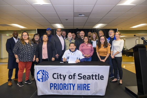 Mayor Bruce Harrell and other celebrating the 10-year impact of the City’s Priority Hire program