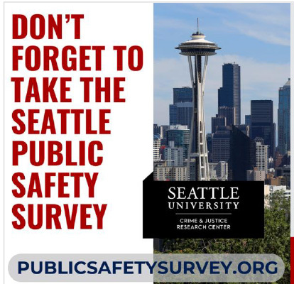 Picture of Seattle skyline with the words "Don't forget to take the Seattle Public Safety Survey."