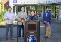 HSD Director Tanya Kim speaks at a press conference announcing the Community Safety RFP. Location at Garfield Teen Life Center.