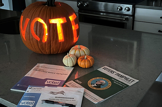 A Halloween pumpkin with the word "VOTE" carved into it; a ballot is also seen.