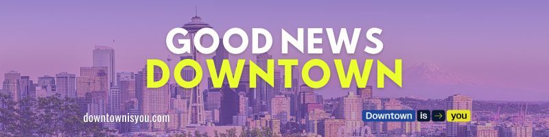 Seattle skyline with text Good News Downtown