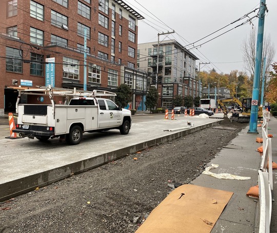 Crews prepare Eastlake Ave E between E Galer St and E Garfield St for paving.