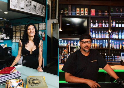 two business owners standing in front of their respective businesses