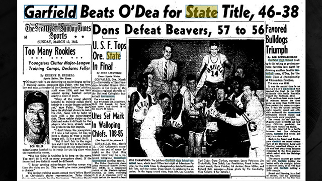An old front page of The Seattle Times with a basketball headline