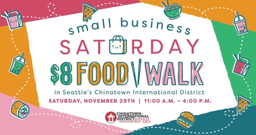 A graphic promoting the Small Business Food Walk in the C-ID on November 29 with illustration of foods 