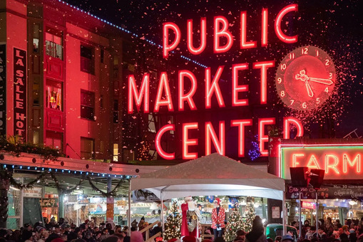 Pike Place Market sign at night