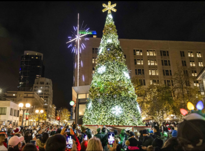 Holiday tree in Westlake Park lit up