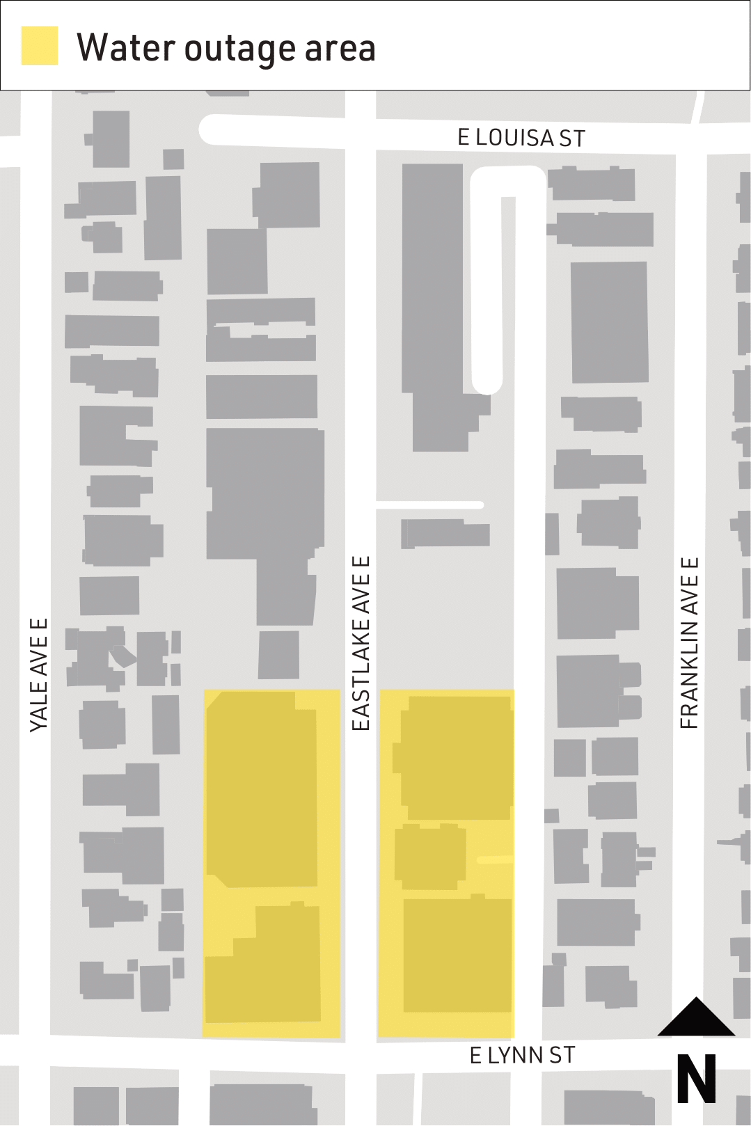 The properties highlighted in yellow will experience water outages on the night of January 9. 